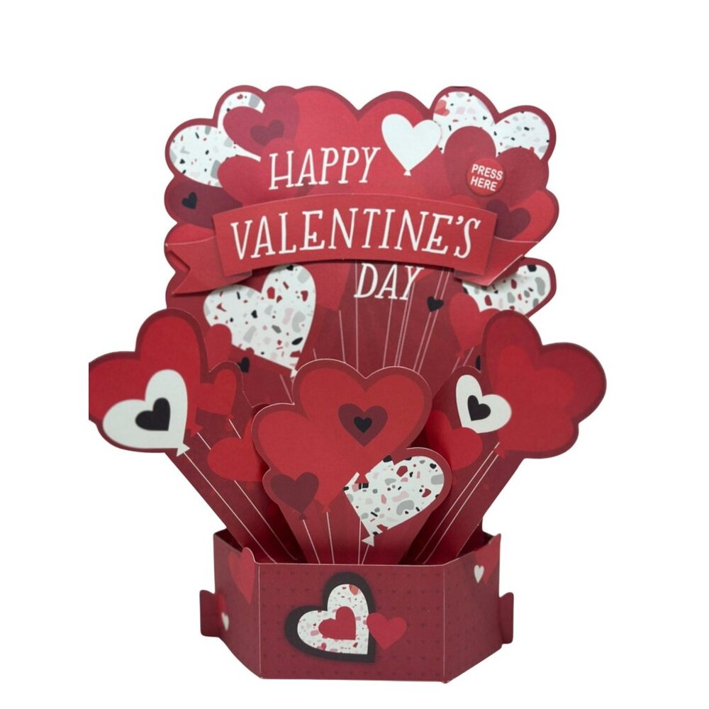 Hallmark Valentines Day Pop-Up Card Hearts Bouquet Design Press Sound Button New
